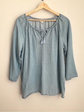 J. Jill Denim Medium Boho Light Blue Embroidered Tie-Neck Tunic